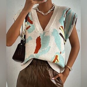 Casual Color block Abstract V Neck Sweater Vest — Size Large